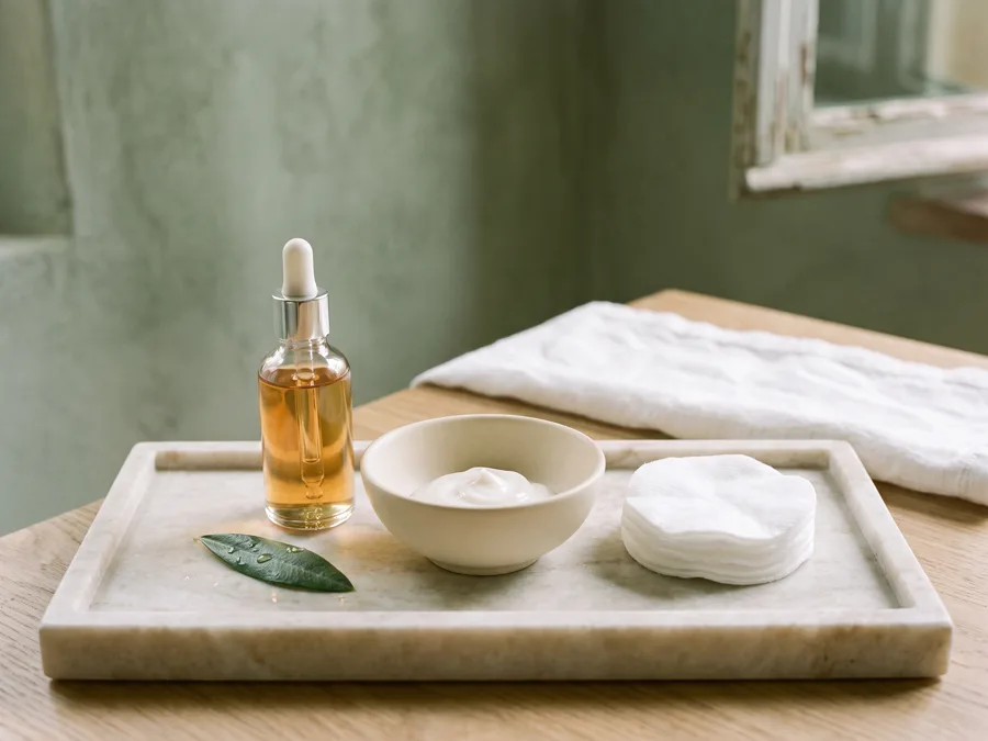 Siero, crema e dischetti di cotone per un trattamento viso — NOA Pavia