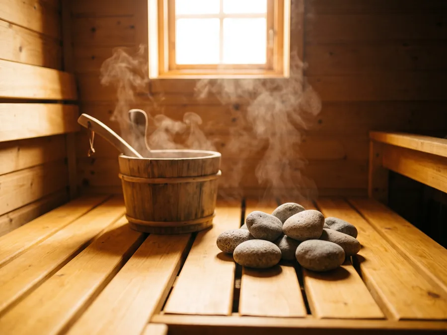 Interno della sauna con secchio, mestolo e pietre calde — NOA Pavia
